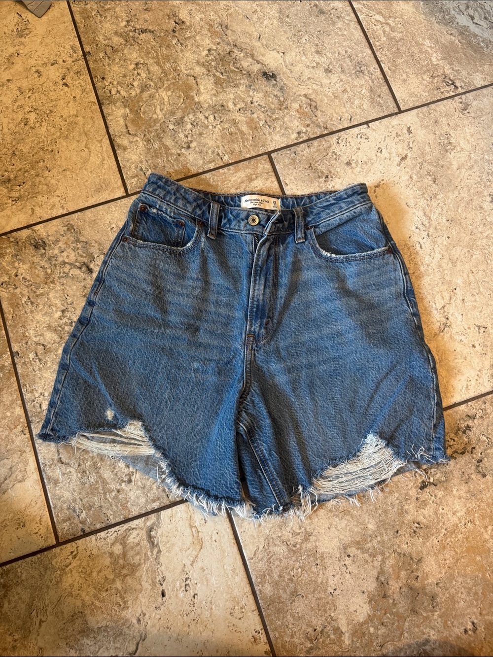 Abercrombie High-Rise Distressed Denim Shorts - Blue
